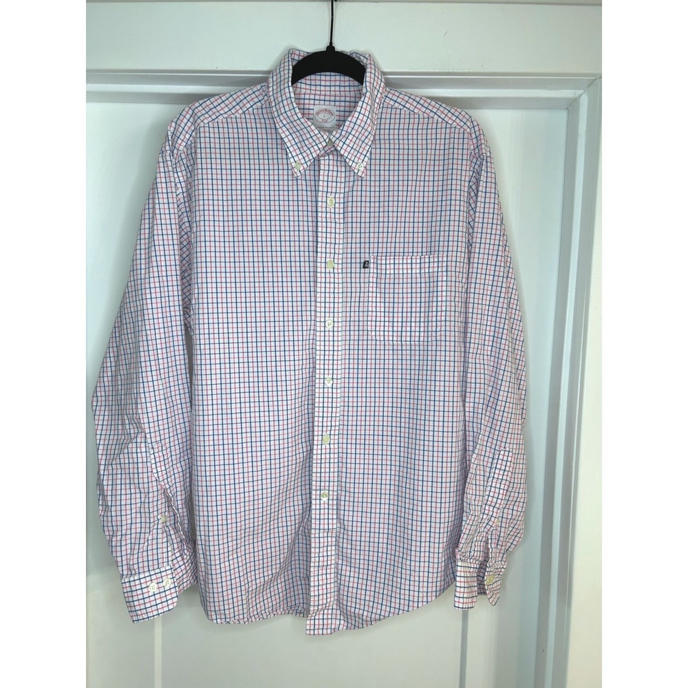Brooks Brothers 346 Mens Large Button Down‎ Shirt Blue Pink Tattersall Check L/S